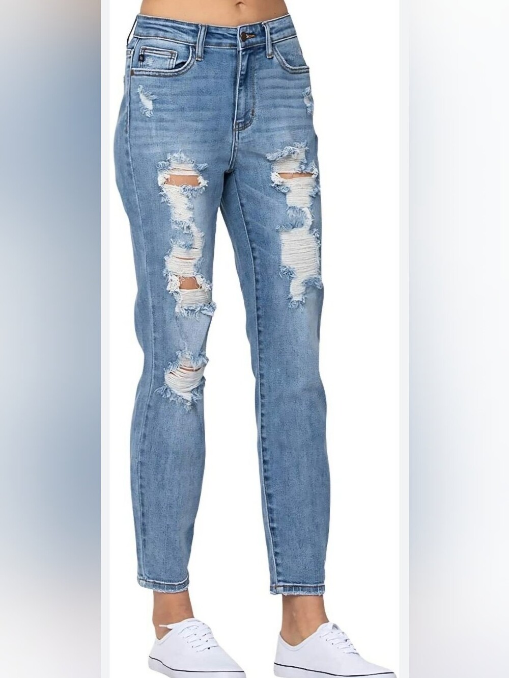 Judy Blue Distressed Boyfriend Jeans featuring heavy distressing, shredded knee